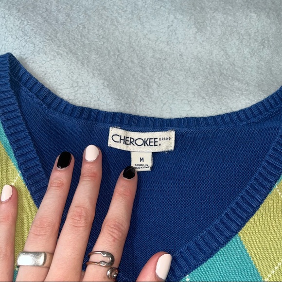 Vintage y2k Funky Preppy Blue & Green Argyle Sweater - Picture 5 of 5